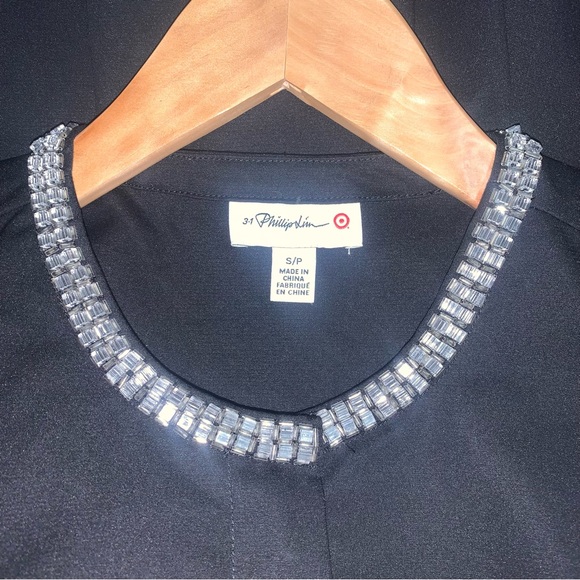 Phillip Lim Front Zip Peplum Beaded Collar Rhinestone Blouse Black Size S - Picture 5 of 11